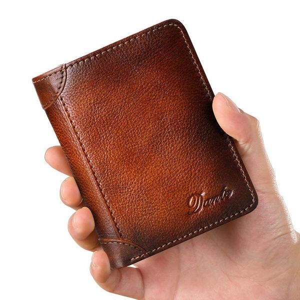 

vintage men genuine cow leather wallets organizer card holders casual retro style short cowhide leather clutch wallet, Red;black