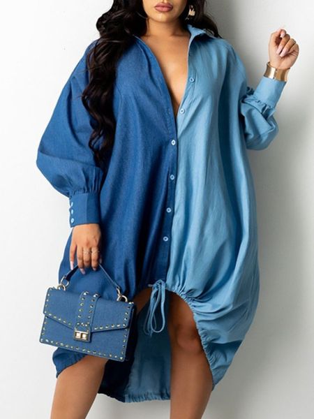 

plus size dresses lw size drawstring patchwork shirt dress fashion drop shoulder long sleeve collar women streetwears 230426, Black
