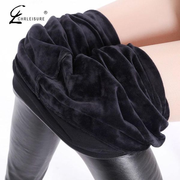 

leggings chrleisure winter leather leggings women warm velvet legging femme high waist thick stretch leggins mujer, Black