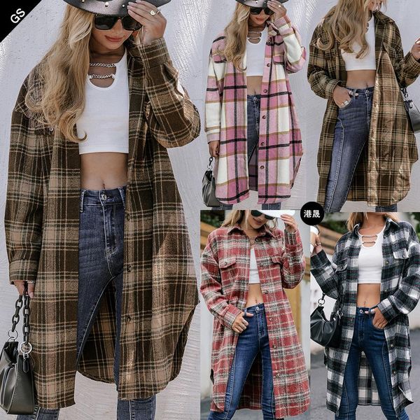 

fur 2022 autumn and winter woolen plaid coat lapel loose women's brushed plaid long coat jackets, Black