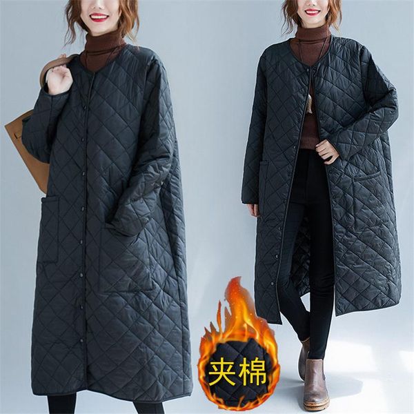 

leather women's clothes autumn and winter new casual round neck black cotton coat long lightweight jacket parka trend y959
