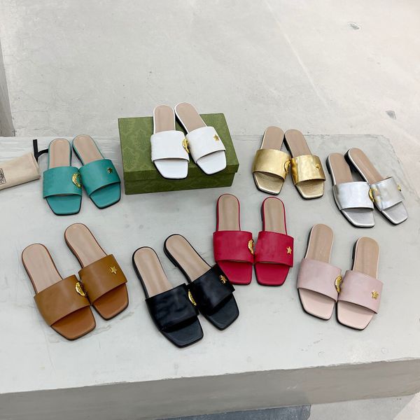 

2023 luxury women slippers fashion gold g letter metal sildes genuine leather classic flat slipper summer high heels sandals 35-43, Black