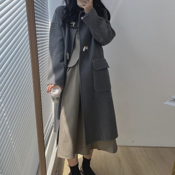 

fur women's elegant 100% long cashmere wool coat jacket 2022 autumn winter horn buttons straight woolen overcoat outerwear, Black