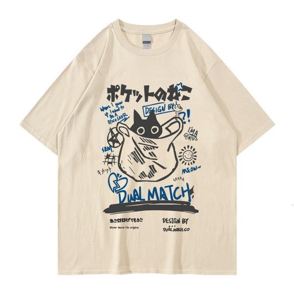 

men s t shirts kaus hip hop gambar kucing lucu kanji jepang streetwear pria atasan lengan pendek kasual katun harajuku 230427, White;black