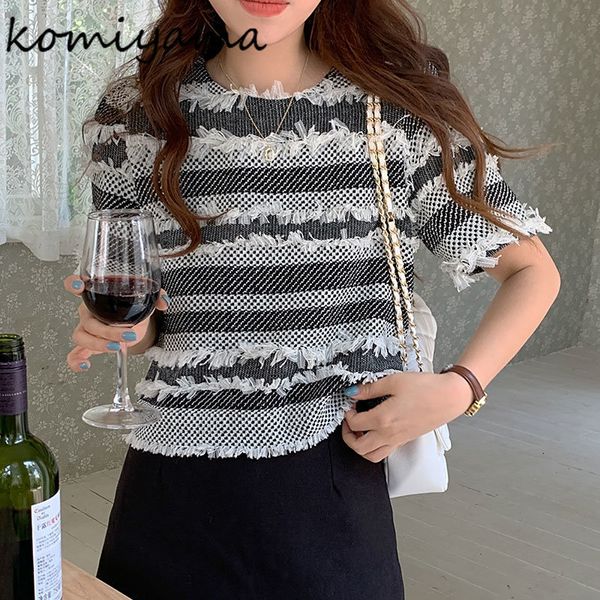 

women's t-shirt komiyama small fragrance hit color stripe y2k clothes o neck tassel patchwork women short sleeve t shirt casual tees 2, White
