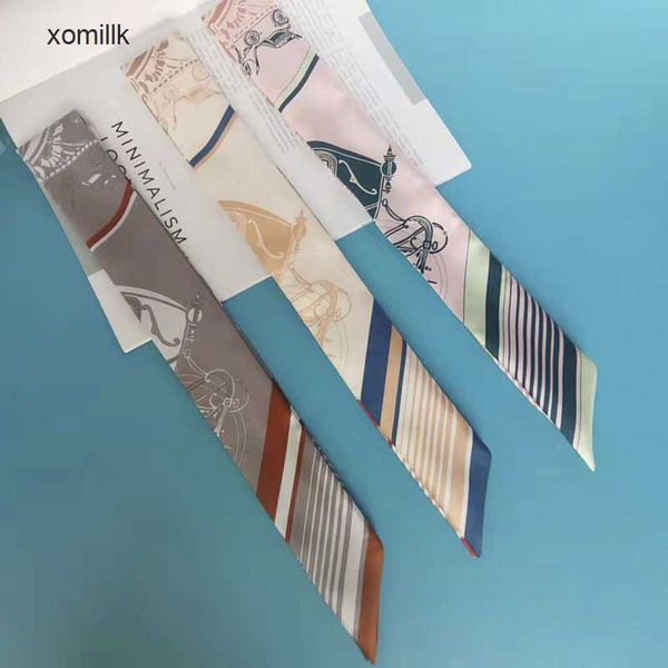 

hermm designer scarves cravat h family s new library stamp twill small scarf thin narrow strip silk binding bag handle ribbon bundle, Blue;gray