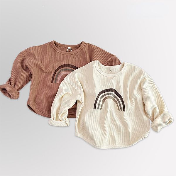 

t-shirts kids bottoming t-shirts spring rainbow waffle boys and girls round neck long sleeve tees 230427, Blue