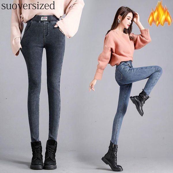 

jeans plush thicken winter jeans cotton denim capris high elastic waist cow boy ankle length trousers skinny pencil pants mujer warm, Blue