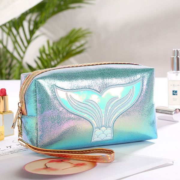 

portable travel holographic pu leather mermaid tail cosmetic bag women's makeup bags octagonal wash bag with wrists for girls