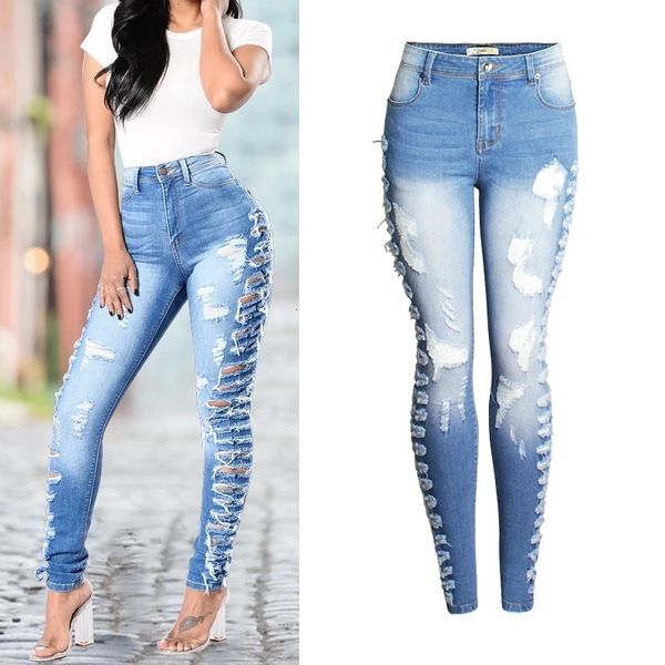 

women's jeans wanita muda modis eropa amerika elastis ramping lubang baru celana pensil lipat panjang penuh 230426, Blue