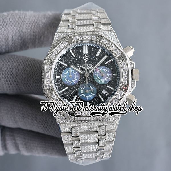 

sf sf26473 japan miyota quartz chronograph movement mens watch fully iced out paved diamond black dial stick markers diamonds bracelet etern, Slivery;brown