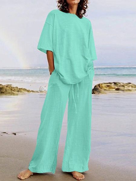 

pants celmia 2 piece pant sets women 2022 summer informal knitted outfits casual loose lightweight half sleeve and pants sets, White