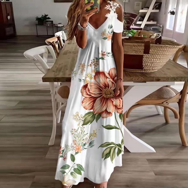 

casual dresses women floral print maxi boho lace sling hollow out a line long ladies loose v-neck beach party dress vestidos 230427, Black;gray