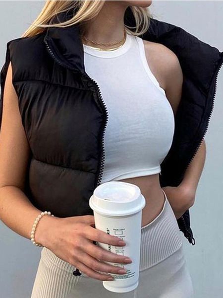 

vests duoperi women fashion high neck cropped waistcoat vest casual female sleeveless puffer jacket chic lady winter warm outfits, Black;white