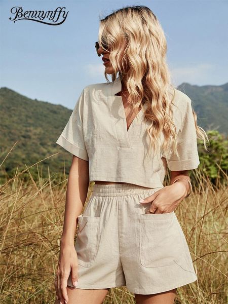 

dress benuynffy women casual summer two piece set solid notched neck short sleeve crop cotton fashion dual pocket shorts sets, White