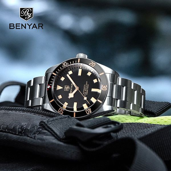 

wristwatches benyar mechanical men's wrist watches bb58 automatic sport watch for men stainless steel waterproof business luminous cloc, Slivery;brown
