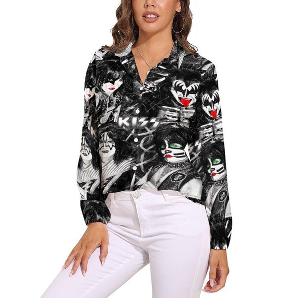 

shirts kiss band print blouse woman colour splash with street wear loose blouses longsleeve cool shirts casual big size 3xl, White