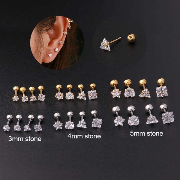

3mm-5mm pentagram love triangle square stud earring cubic zircon 20g thin rod stainless steel screw ball earbone nail piercing earrings stud, Silver
