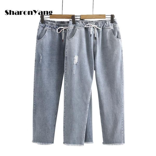 

jeans summer large size woman jeans ripped women high waist baggy jeans xl5xl women denim jeans loose harem pants, Blue