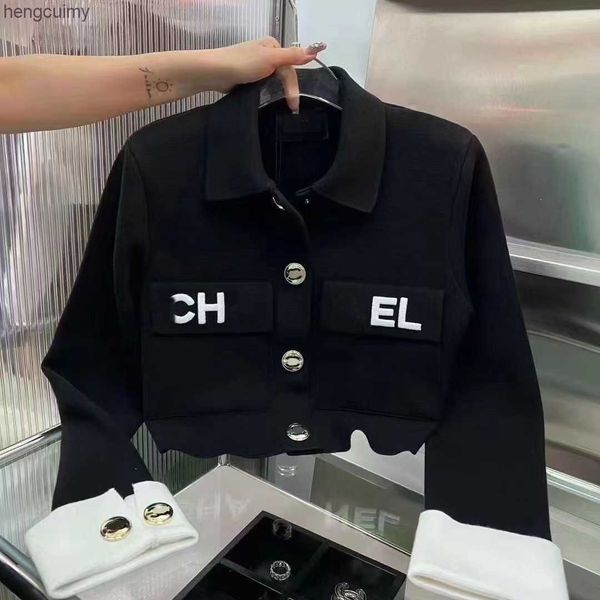 

lapel polo women's designer jackets fashion chest pocket alphabet embroidery printed metal buckle knitted long-sleeved cardigan jackets, Black;brown