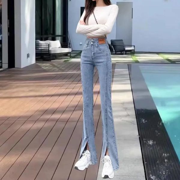 

jeans korea style flared jeans women high waist fashion casual long pants 2022 summer autumn women's denim pants slipt for lady girls, Blue