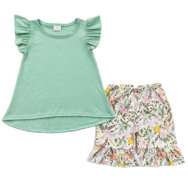 

boutique summer baby girls clothes set milk silk boutique green ruffle shorts outfit fashion kids clothes girls outfits wholesale, White
