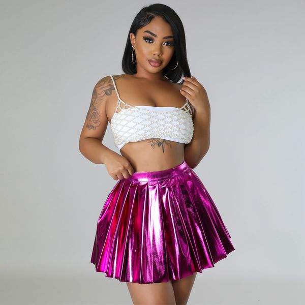 

skirts summer mini women high waist ice silk shiny nightclub party pleated metallic a line short ss streetwear 230426, Black