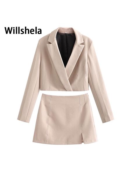 

pants willshela two piece set women suits cropped blazer and mini skirt elegant high fashion chic lady 2 piece set women blazer set, White