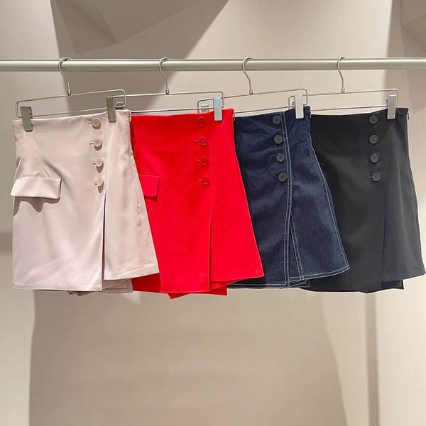 

skirts kuzuwata arrival japanese mujer faldas summer slit denim skirt high waist button slim culottes solid fashion mini jupes 230426, Black