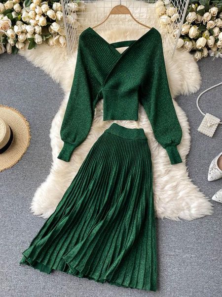 

dress women korean new style cross vneck puff sleeve short waist + elastic high waist pleated skirt knitting two piece d039, White