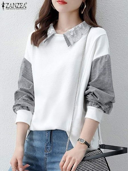 

t-shirt lapel long sleeve lace shirt 2022 zanzea new spring plaid women blouse femme bohemian fashion casual holiday blusas oversized, White