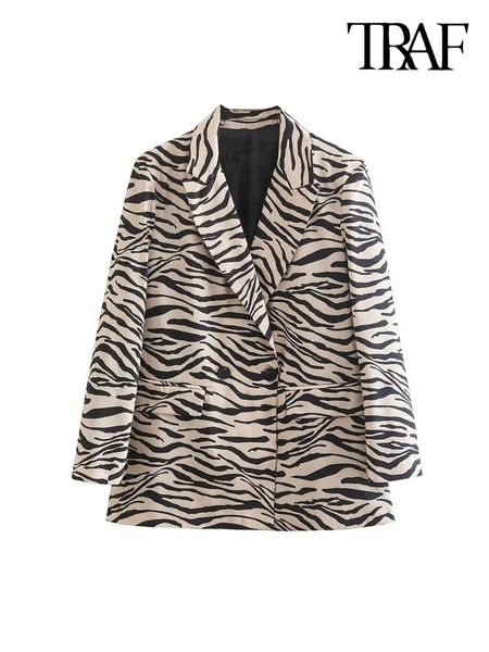 

pants traf women fashion double breasted animal print blazer coat vintage long sleeve flap pockets female outerwear chic vestes, White