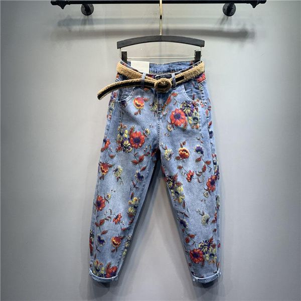 

jeans flower jeans woman 2022 spring new highwaist loosefit pants personality printed denim harem pants women's jeans jean femme, Blue