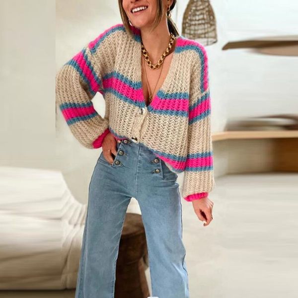 

sweaters autumn winter buttoned colorful loose cardigan fashion casual lantern long sleeve jumper v neck striped printed sweater, White;black