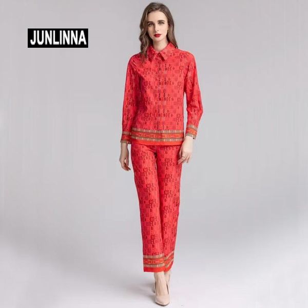 

pants junlinna designe rwomen two piece sets summer new sicily suit women red long sleeve printed shirt+high waist pants, White