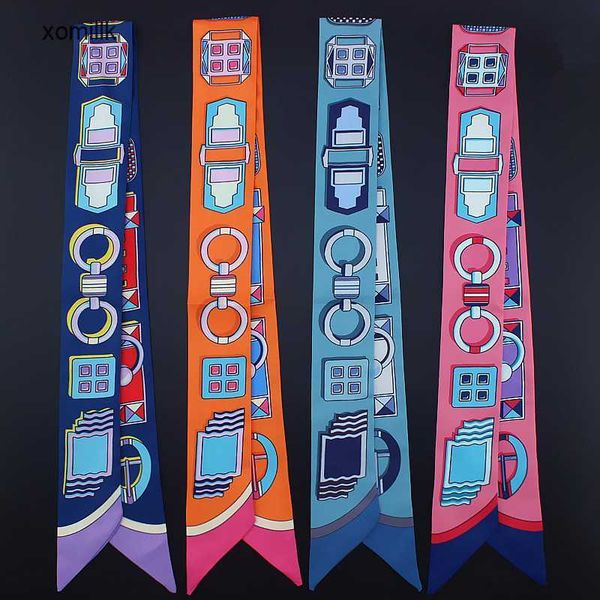 

hermm designer scarves cravat yinghua scarf h family belt head professional small slim strip wrapping bag handle ribbon female, Blue;gray