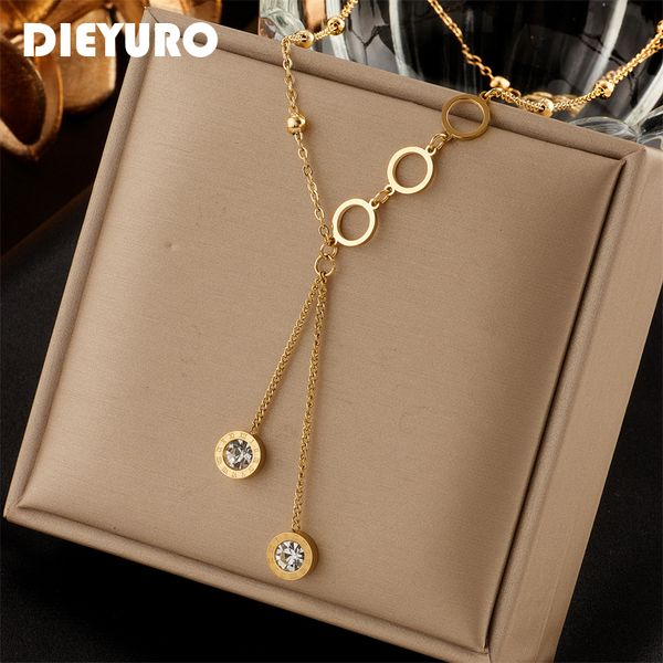 

strands strings dieyuro 316l stainless steel roman necklace for women luxury designer fashion zircon long pendant necklaces girls jewelry gi, Black