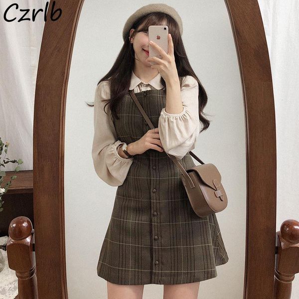 

dress sets women sweet outfits apricot shirt peter pan collar cute plaid mini dress single breasted ins casual college japanese lovely, White