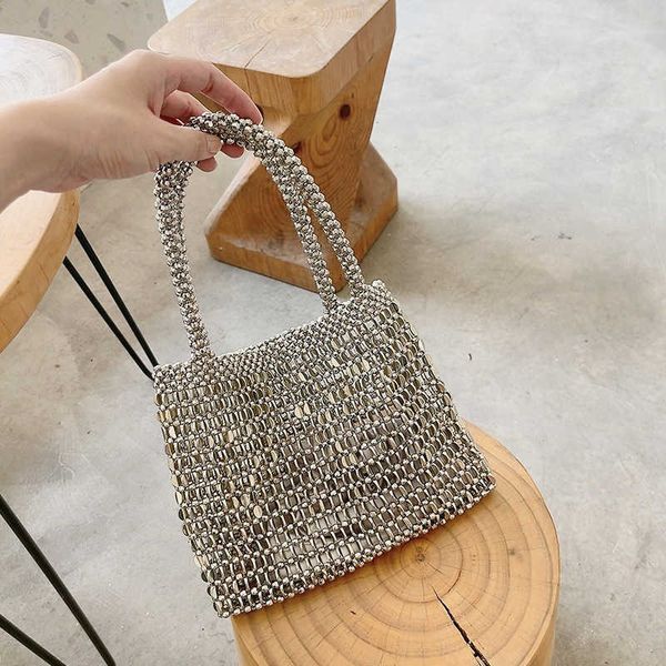 

evening bags designer replica luxury 2023 handmade weave metal beaded ladies handbag vintage silver color shining sequin shoulder bag 230427