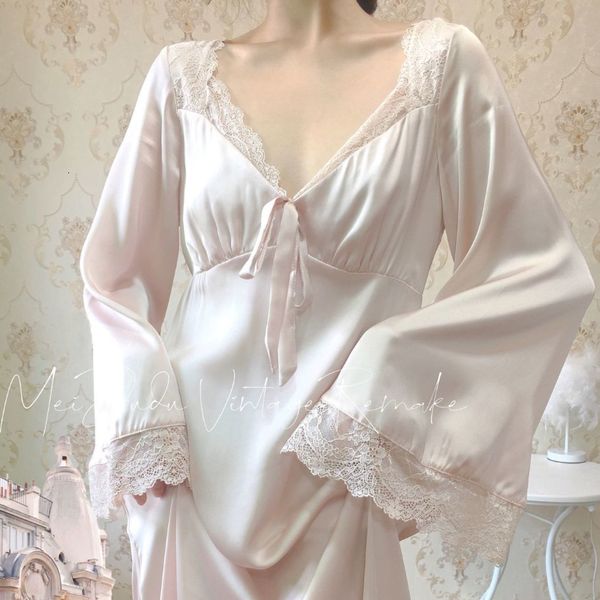 

pyjamas qweek satin nightgown elegant fairy dresses women autumn sleepwear lace nightwear long sleeve vintage nightie gown vestidos 230427, Black;white