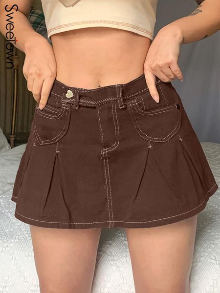 

dresses sweetown preppy style low waist denim pleated shorts skirts womens contrast stitching aesthetic vintage grunge mini jean skirt, White;black