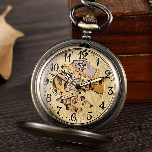 

pocket watches vintage smooth hollow mechanical steampunk arabic numerals hand winding fob chain skeleton pendent men women 230426, Slivery;golden
