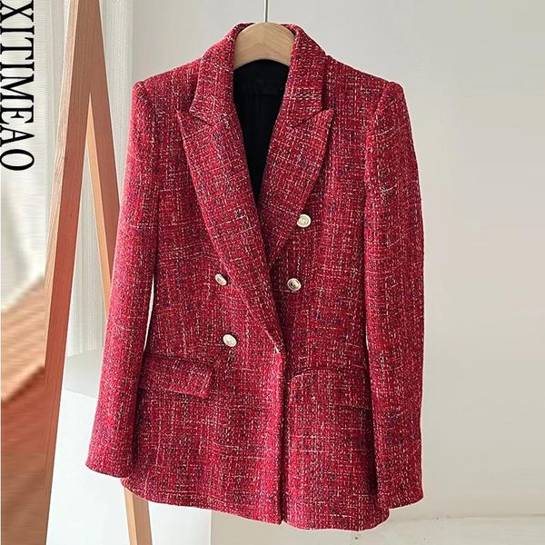 

pants xitimeao women fashion double breasted tweed blazer coat vintage long sleeve flap pockets female outerwear chic suit femme, White