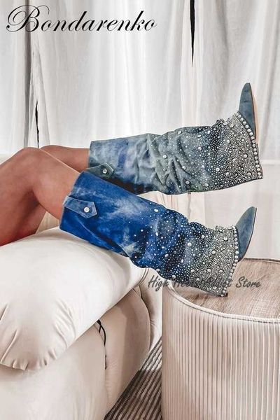 

women crystal cowboy boots pointed toe wedge heel knee high boots blue luxury designer denim shark boots runway shoes handmade 230427, Black