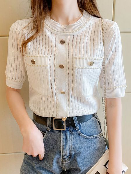 

women's t shirt kaus putih ljsxls dasar kantung wanita atasan lengan pendek musim panas pakaian kasual rajutan femme 230427, White