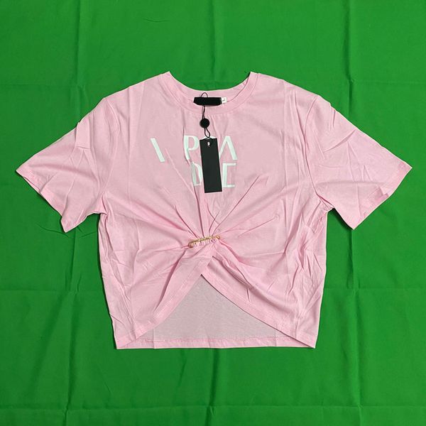 

23 summer casual women's t-shirt designer clothes t shirt short sleeve hardware pin round neck letter print crop vercace tee female cas, White