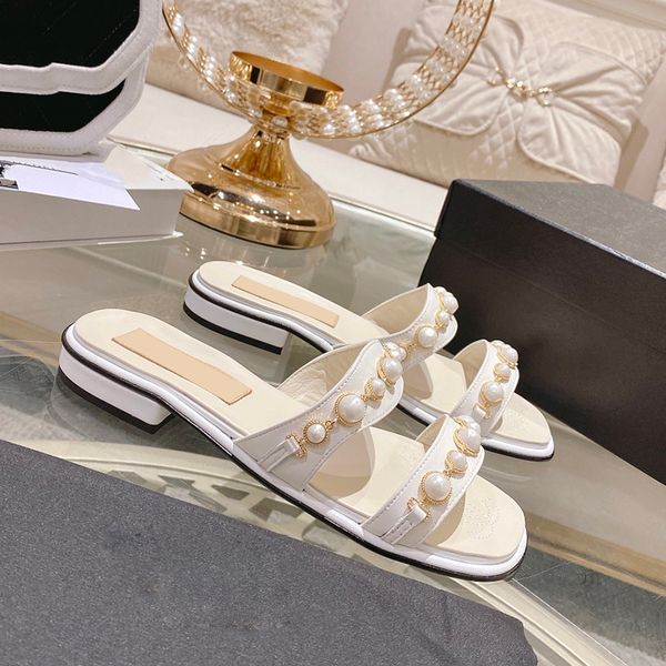 

designer womens slippers small low heel 2cm sandals sheepskin pearl hardware metal buckle flat walking shoes leather soles solid color mule, Black