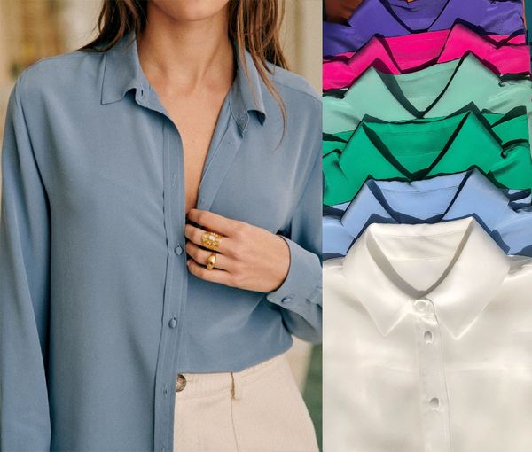 

spring summer white blue solid color silk blouse shirt long sleeve lapel neck buttons single-breasted shirts h3f27fsyy