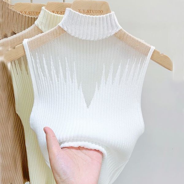 

women's tanks camis mesh hanging neck semi-high neck knitted small vest female undershirt sweater sleeveless t-shirt short tanks female, White