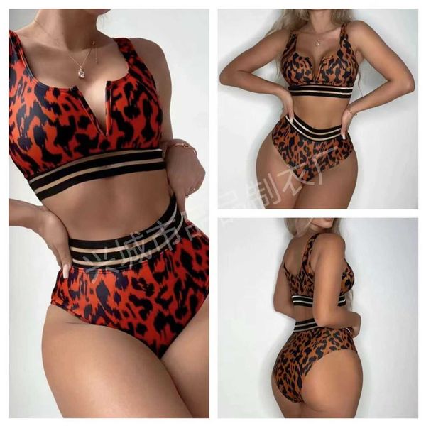 

leopard 2023 print split triangle bikini gathered high waist skinny bikini swimwear